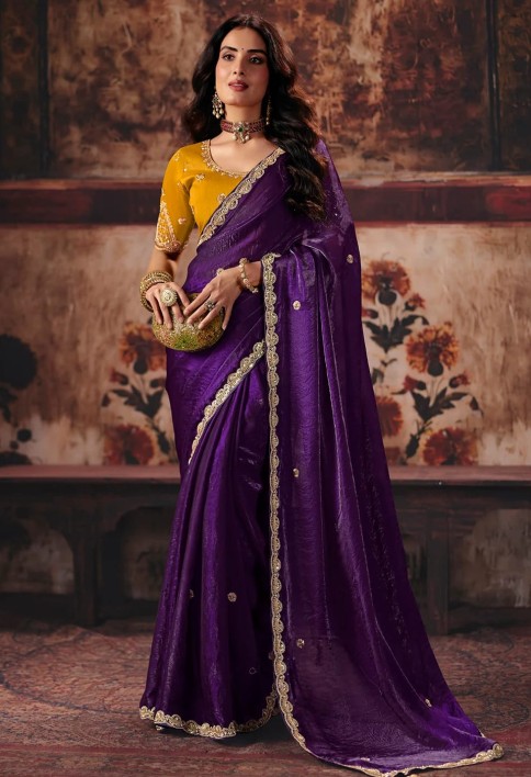 Purple & Yellow Designer Style Festive Wear Saree